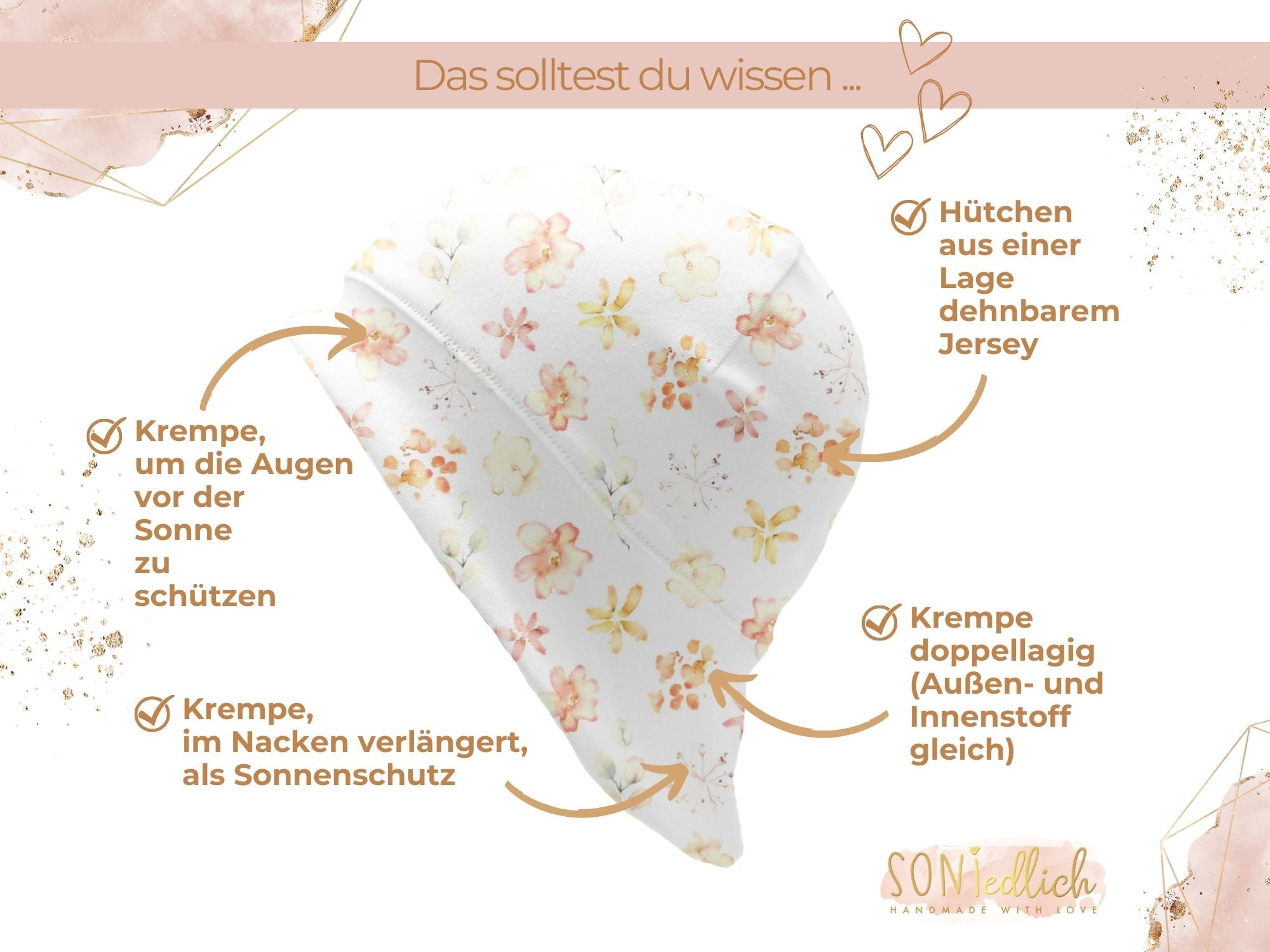 Sonnenhut für Babys und Kinder „aquarell flowers“ Details